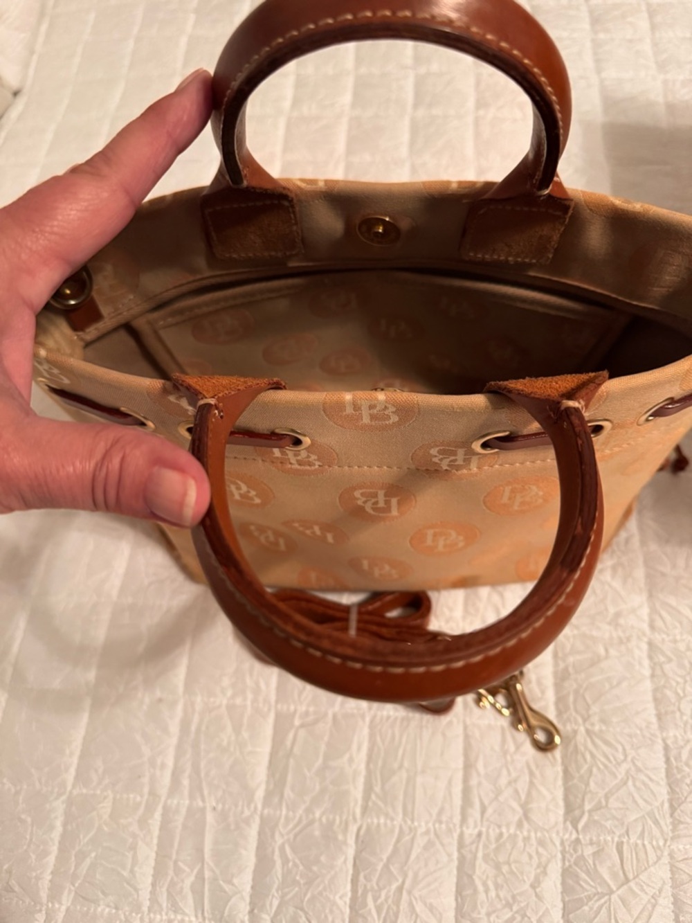 Dooney & Bourke Tan and Brown Logo Drawstring Tote with Removable Strap - Picture 4 of 11